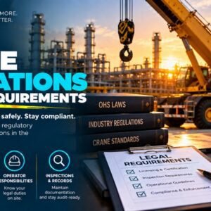 Legal books showing OHS laws, industry regulations, and crane standards beside a yellow mobile crane at oil and gas refinery illustrating OSHA crane operations law requirements including operator certification, inspection records, and compliance enforcement