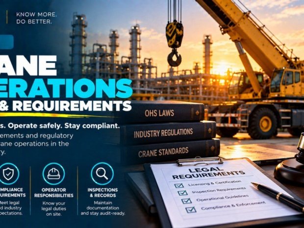 Legal books showing OHS laws, industry regulations, and crane standards beside a yellow mobile crane at oil and gas refinery illustrating OSHA crane operations law requirements including operator certification, inspection records, and compliance enforcement
