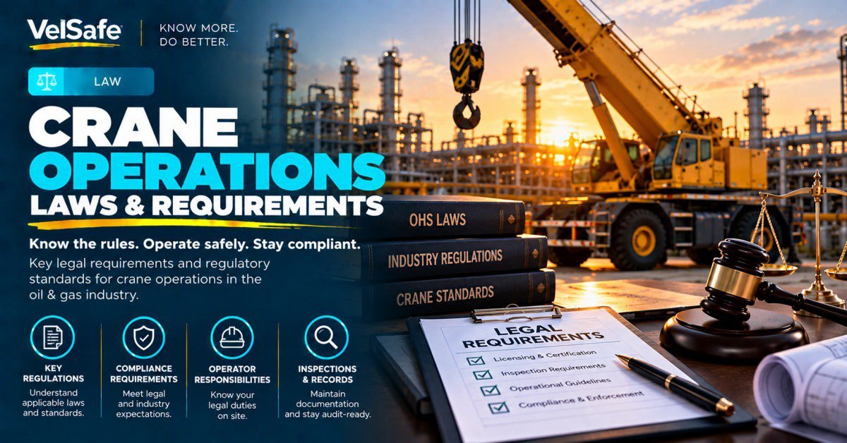 Legal books showing OHS laws, industry regulations, and crane standards beside a yellow mobile crane at oil and gas refinery illustrating OSHA crane operations law requirements including operator certification, inspection records, and compliance enforcement