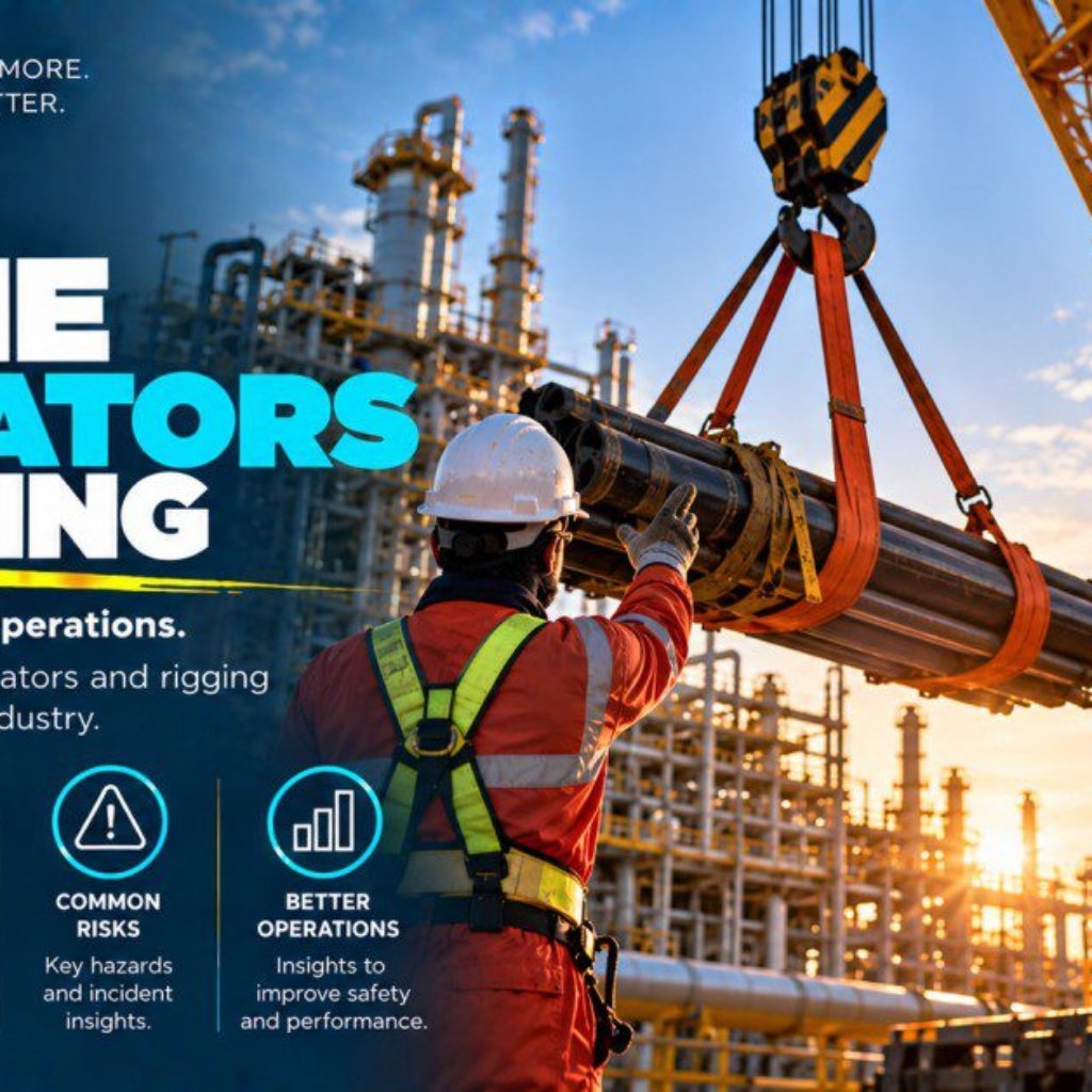 Two oil and gas workers in hard hats directing a yellow mobile crane lifting a steel pipe section with orange rigging slings at a refinery illustrating crane operator practices and rigging safety insights