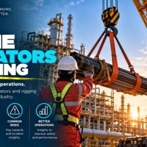 Two oil and gas workers in hard hats directing a yellow mobile crane lifting a steel pipe section with orange rigging slings at a refinery illustrating crane operator practices and rigging safety insights