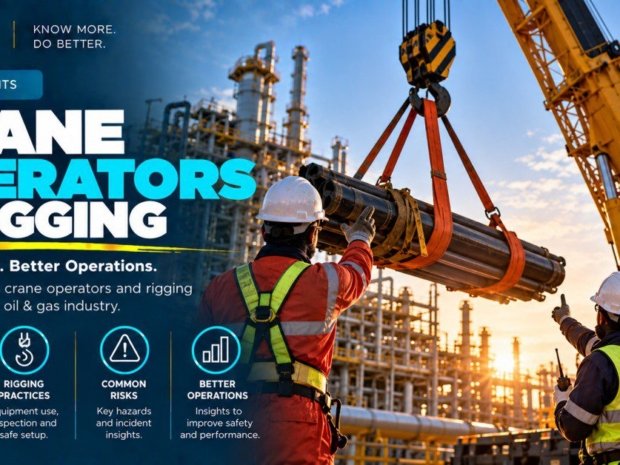 Two oil and gas workers in hard hats directing a yellow mobile crane lifting a steel pipe section with orange rigging slings at a refinery illustrating crane operator practices and rigging safety insights