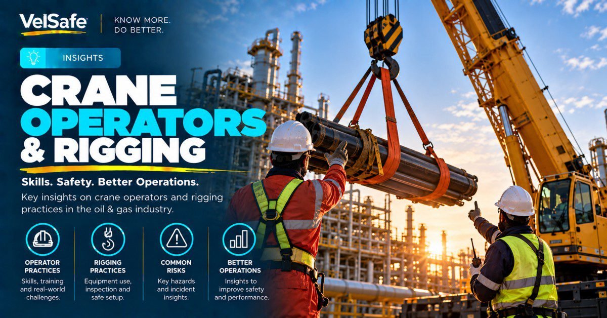 Two oil and gas workers in hard hats directing a yellow mobile crane lifting a steel pipe section with orange rigging slings at a refinery illustrating crane operator practices and rigging safety insights