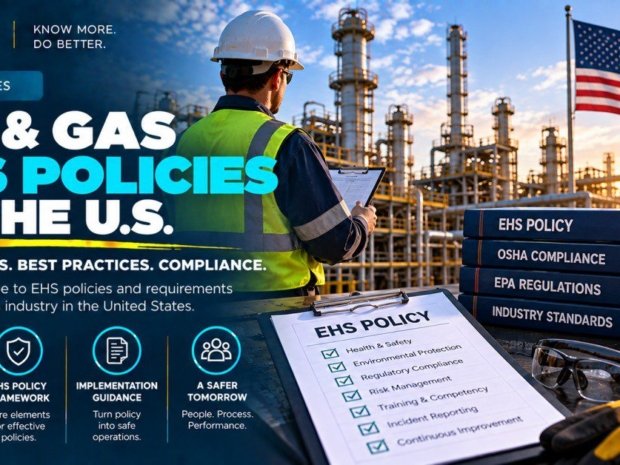 EHS manager in high-visibility vest at oil and gas refinery reviewing clipboard beside policy binders covering OSHA compliance, EPA regulations and industry standards with EHS policy checklist showing health safety environmental protection regulatory compliance risk management training and incident reporting