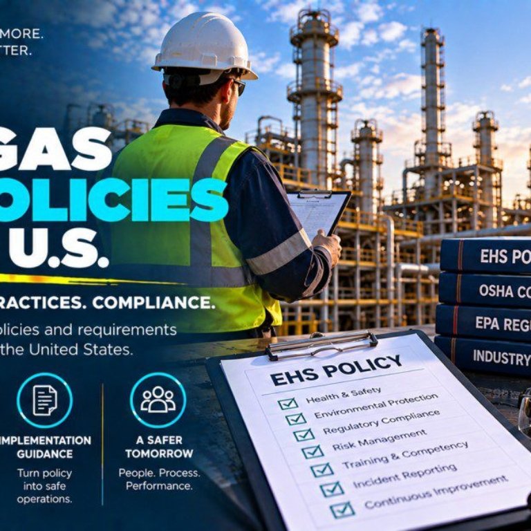 EHS manager in high-visibility vest at oil and gas refinery reviewing clipboard beside policy binders covering OSHA compliance, EPA regulations and industry standards with EHS policy checklist showing health safety environmental protection regulatory compliance risk management training and incident reporting
