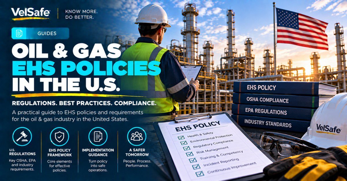 EHS manager in high-visibility vest at oil and gas refinery reviewing clipboard beside policy binders covering OSHA compliance, EPA regulations and industry standards with EHS policy checklist showing health safety environmental protection regulatory compliance risk management training and incident reporting