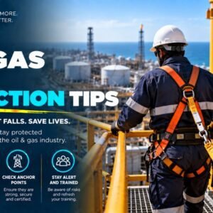 Oil and gas worker in full body harness with orange lanyard on elevated platform at coastal refinery illustrating fall protection tips including proper PPE use safe procedures anchor point checks and staying alert and trained
