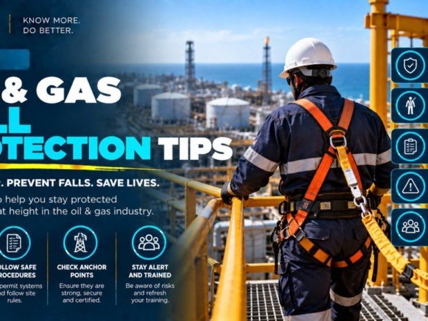 Oil and gas worker in full body harness with orange lanyard on elevated platform at coastal refinery illustrating fall protection tips including proper PPE use safe procedures anchor point checks and staying alert and trained