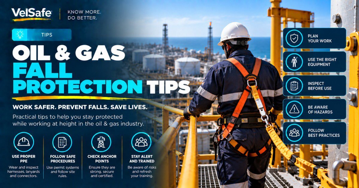 Oil and gas worker in full body harness with orange lanyard on elevated platform at coastal refinery illustrating fall protection tips including proper PPE use safe procedures anchor point checks and staying alert and trained