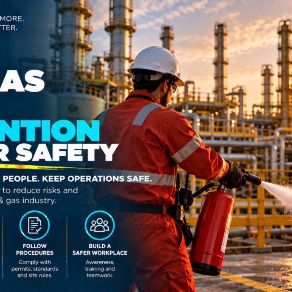 Oil and gas worker in red coveralls using a fire extinguisher on an active fire at a refinery at sunset beside a Fire Safety sign illustrating fire prevention worker safety practices including controlling ignition sources maintaining equipment and following hot work permit procedures