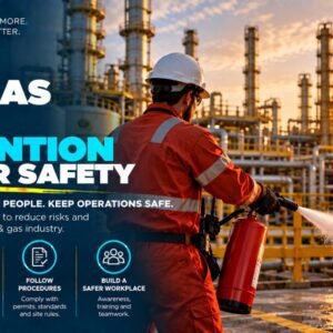 Oil and gas worker in red coveralls using a fire extinguisher on an active fire at a refinery at sunset beside a Fire Safety sign illustrating fire prevention worker safety practices including controlling ignition sources maintaining equipment and following hot work permit procedures