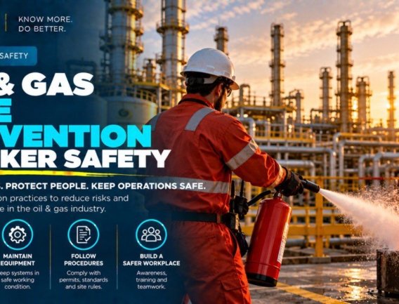 Oil and gas worker in red coveralls using a fire extinguisher on an active fire at a refinery at sunset beside a Fire Safety sign illustrating fire prevention worker safety practices including controlling ignition sources maintaining equipment and following hot work permit procedures
