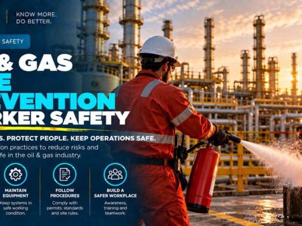 Oil and gas worker in red coveralls using a fire extinguisher on an active fire at a refinery at sunset beside a Fire Safety sign illustrating fire prevention worker safety practices including controlling ignition sources maintaining equipment and following hot work permit procedures
