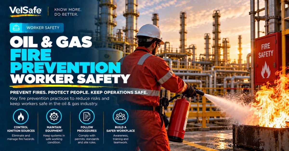 Oil and gas worker in red coveralls using a fire extinguisher on an active fire at a refinery at sunset beside a Fire Safety sign illustrating fire prevention worker safety practices including controlling ignition sources maintaining equipment and following hot work permit procedures