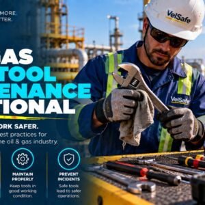 Oil and gas maintenance technician in VelSafe hard hat safety glasses and cut-resistant gloves cleaning an adjustable wrench at an offshore platform beside a tool kit illustrating hand tool maintenance inspection and defect identification practices that prevent workplace injuries