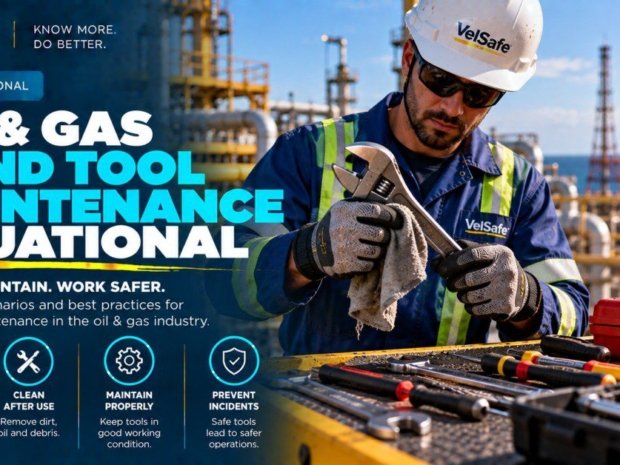 Oil and gas maintenance technician in VelSafe hard hat safety glasses and cut-resistant gloves cleaning an adjustable wrench at an offshore platform beside a tool kit illustrating hand tool maintenance inspection and defect identification practices that prevent workplace injuries
