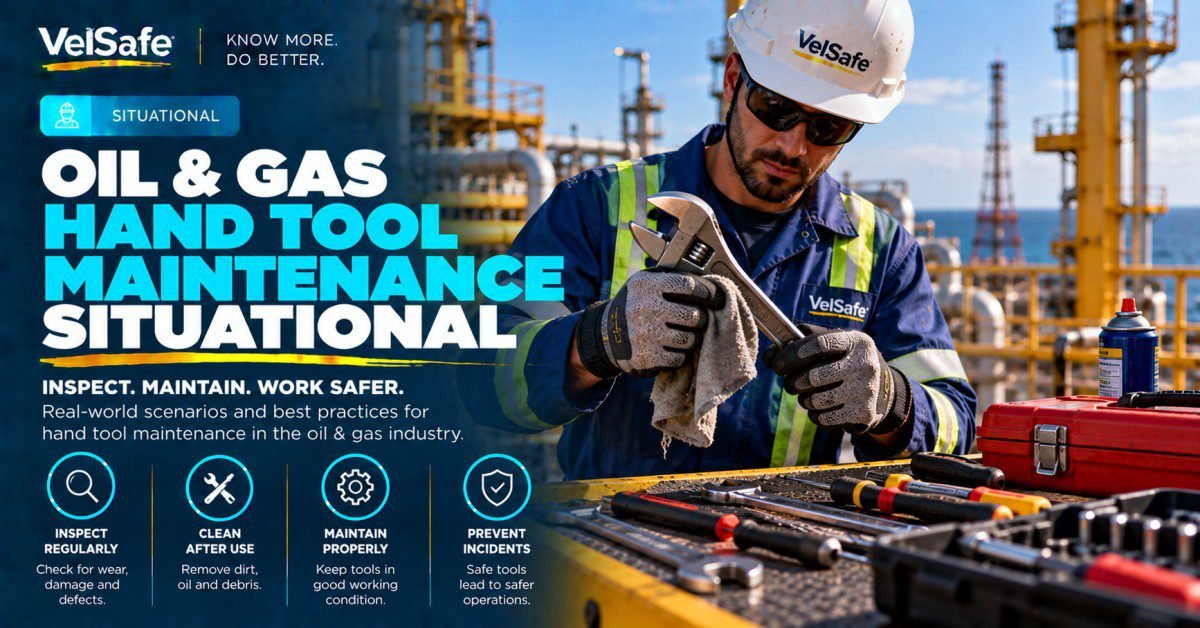 Oil and gas maintenance technician in VelSafe hard hat safety glasses and cut-resistant gloves cleaning an adjustable wrench at an offshore platform beside a tool kit illustrating hand tool maintenance inspection and defect identification practices that prevent workplace injuries