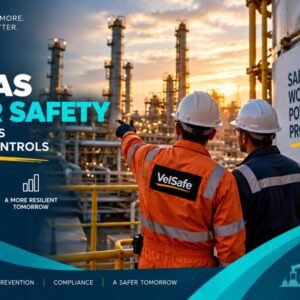 Oil and gas worker safety guide showing two workers in orange flame-resistant clothing and white hard hats at a refinery at sunset, with one worker pointing toward processing equipment and a Safe Workers Power Progress sign visible, illustrating common oil and gas hazards and effective safety controls including H2S awareness, confined space entry, LOTO, and fall protection