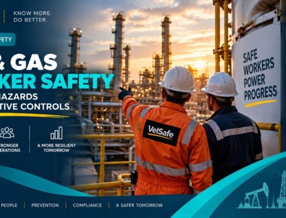Oil and gas worker safety guide showing two workers in orange flame-resistant clothing and white hard hats at a refinery at sunset, with one worker pointing toward processing equipment and a Safe Workers Power Progress sign visible, illustrating common oil and gas hazards and effective safety controls including H2S awareness, confined space entry, LOTO, and fall protection