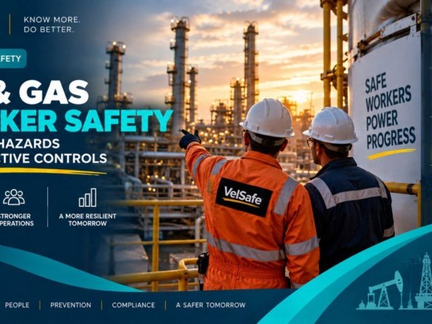 Oil and gas worker safety guide showing two workers in orange flame-resistant clothing and white hard hats at a refinery at sunset, with one worker pointing toward processing equipment and a Safe Workers Power Progress sign visible, illustrating common oil and gas hazards and effective safety controls including H2S awareness, confined space entry, LOTO, and fall protection