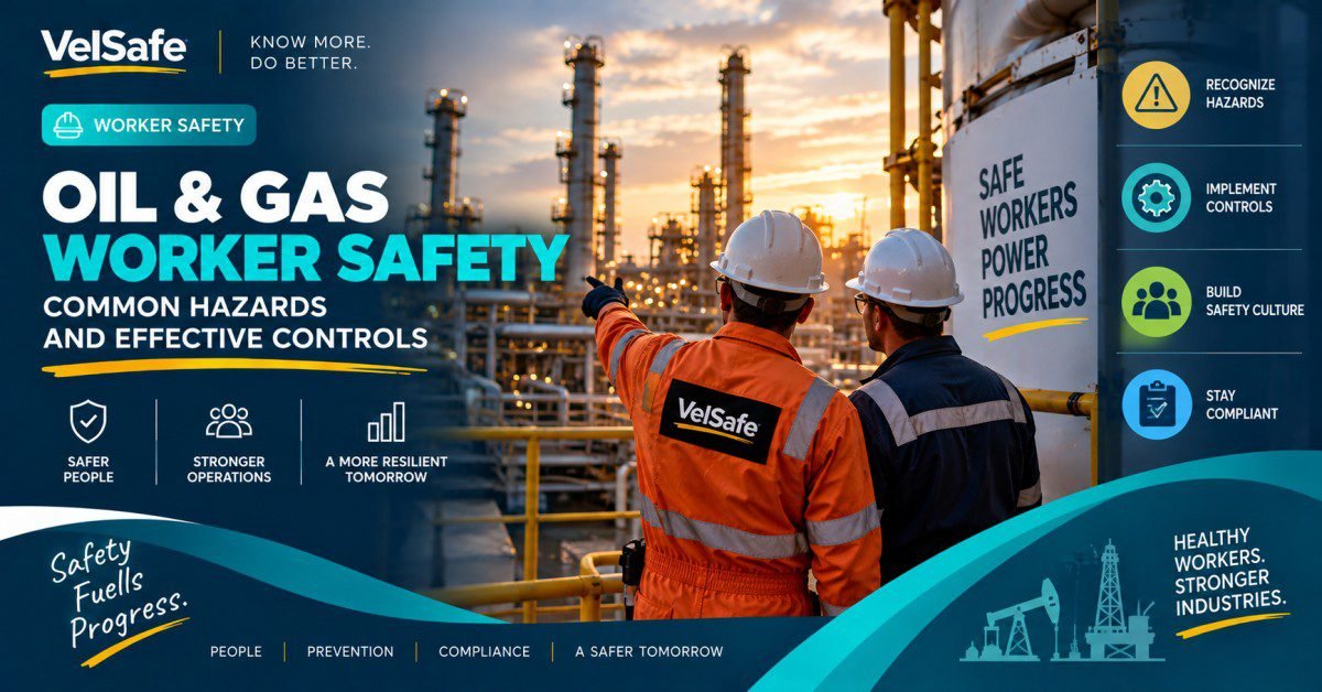 Oil and gas worker safety guide showing two workers in orange flame-resistant clothing and white hard hats at a refinery at sunset, with one worker pointing toward processing equipment and a Safe Workers Power Progress sign visible, illustrating common oil and gas hazards and effective safety controls including H2S awareness, confined space entry, LOTO, and fall protection
