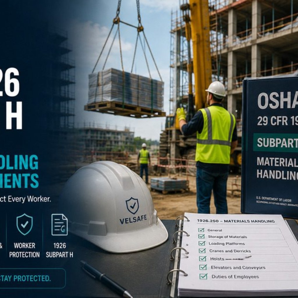 Construction site with crane hoisting a pallet load, OSHA 29 CFR 1926 Subpart H materials handling compliance checklist, hard hat with Velsafe logo, and safety signage reading Plan Lift Store Secure