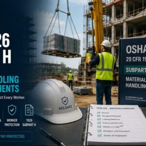 Construction site with crane hoisting a pallet load, OSHA 29 CFR 1926 Subpart H materials handling compliance checklist, hard hat with Velsafe logo, and safety signage reading Plan Lift Store Secure