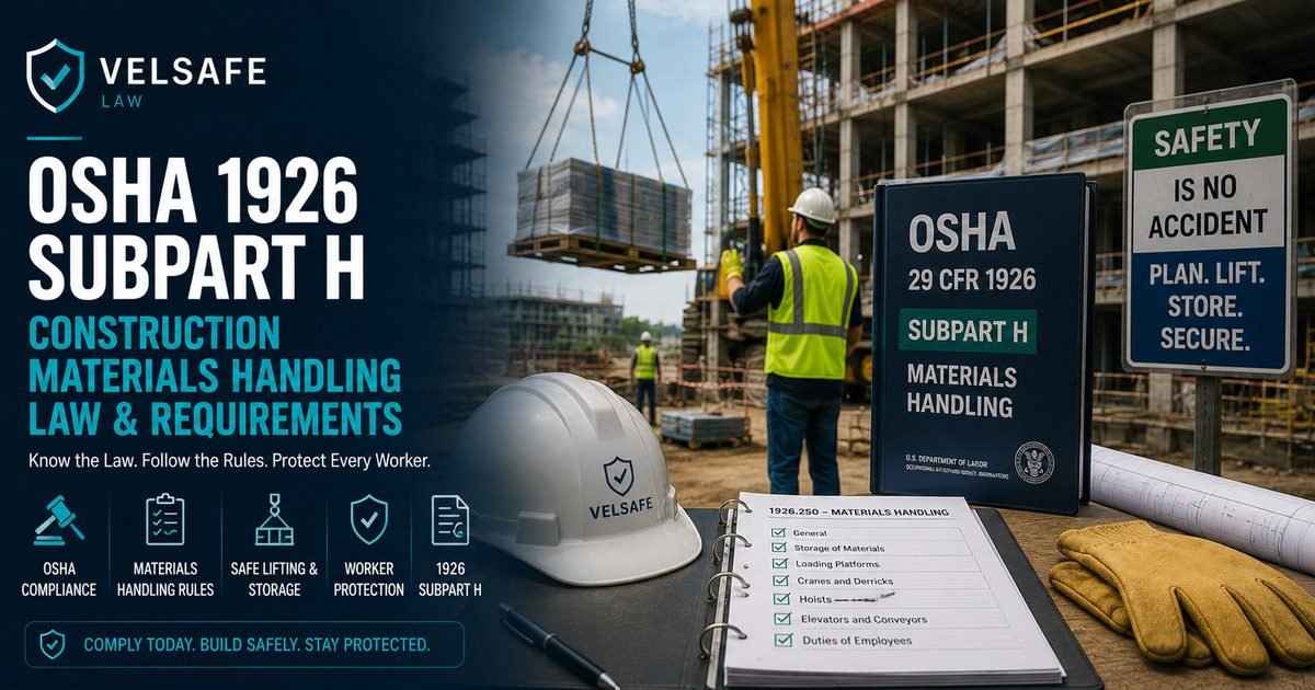 Construction site with crane hoisting a pallet load, OSHA 29 CFR 1926 Subpart H materials handling compliance checklist, hard hat with Velsafe logo, and safety signage reading Plan Lift Store Secure