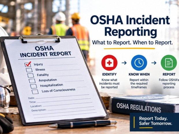 OSHA incident report form on a construction site clipboard showing injury amputation hospitalisation and fatality categories with the identify know when report and prevent process under 29 CFR 1904.39