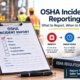 OSHA incident report form on a construction site clipboard showing injury amputation hospitalisation and fatality categories with the identify know when report and prevent process under 29 CFR 1904.39