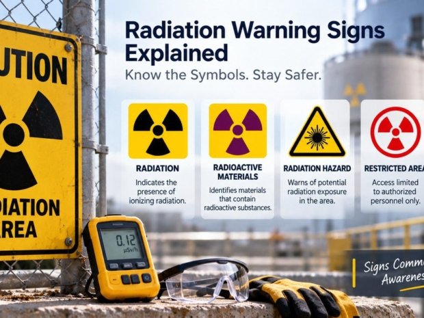 Radiation warning signs explained showing radiation area caution sign radioactive materials radiation hazard and restricted area symbols with dosimeter PPE and worker in protective suit