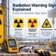 Radiation warning signs explained showing radiation area caution sign radioactive materials radiation hazard and restricted area symbols with dosimeter PPE and worker in protective suit