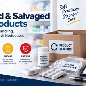 Returned and salvaged drug products compliance infographic showing four steps: inspect to assess product condition and integrity, follow applicable laws and guidelines, dispose using approved methods, and protect to minimise risk and keep patients safe, with a product returns box and returns under review label