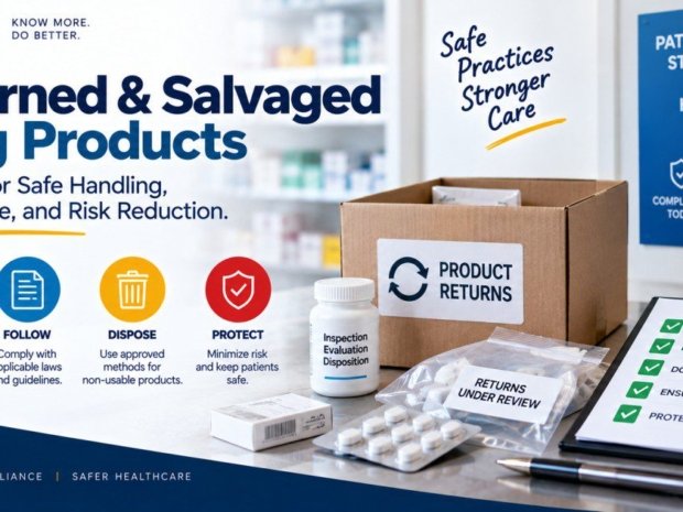 Returned and salvaged drug products compliance infographic showing four steps: inspect to assess product condition and integrity, follow applicable laws and guidelines, dispose using approved methods, and protect to minimise risk and keep patients safe, with a product returns box and returns under review label