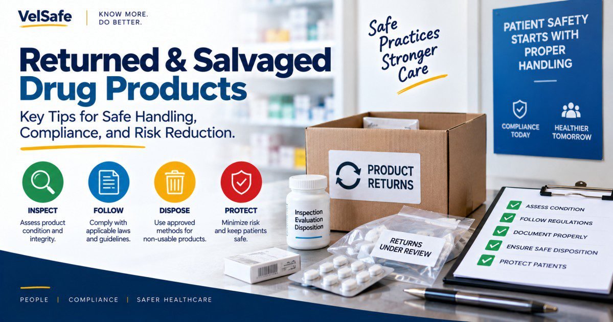 Returned and salvaged drug products compliance infographic showing four steps: inspect to assess product condition and integrity, follow applicable laws and guidelines, dispose using approved methods, and protect to minimise risk and keep patients safe, with a product returns box and returns under review label