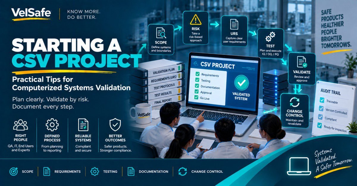 Computerized systems validation project tips showing a cross-functional team of QA and validation professionals reviewing a CSV project on a laptop with a validated system checklist covering requirements, testing, documentation, approval, and go-live, alongside a CSV project workflow from scope through risk assessment, URS, IQ OQ PQ testing, validate, and change control, with validation plan, requirements, test protocols, test results, and final report binders on the desk and an audit trail panel showing traceable, version controlled, compliant, and ready for inspection criteria