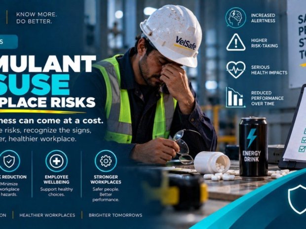 Worker in hard hat showing signs of fatigue beside energy drink and pills illustrating prescription stimulant misuse workplace risks