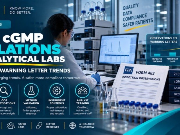 Top cGMP violations in analytical labs FDA 483 and Warning Letter trends insights article showing a female pharmaceutical scientist in a white lab coat and blue gloves reviewing HPLC chromatography data on a laptop in a pharmaceutical analytical laboratory, with an FDA Form 483 Inspection Observations document and regulatory reference books covering 21 CFR Part 211, cGMP, analytical methods, data integrity, and quality systems stacked beside the workstation, and an infographic panel showing the escalation pathway from repeated findings through persistent gaps and escalated enforcement to Warning Letter, with icons below covering data integrity, OOS investigations, method validation, instrument controls, and analyst training