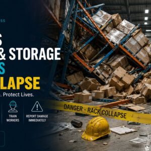 Collapsed warehouse storage racking with boxes and pallets scattered across the floor, yellow danger tape reading Rack Collapse Hazard, and a warning sign visible at the scene