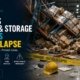 Collapsed warehouse storage racking with boxes and pallets scattered across the floor, yellow danger tape reading Rack Collapse Hazard, and a warning sign visible at the scene