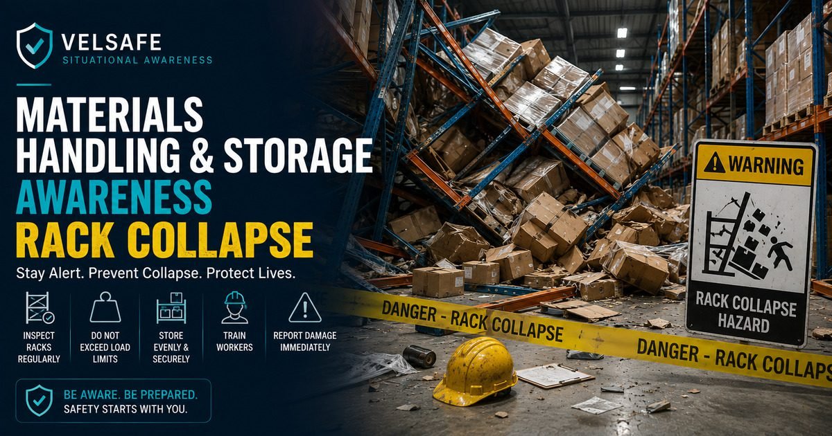 Collapsed warehouse storage racking with boxes and pallets scattered across the floor, yellow danger tape reading Rack Collapse Hazard, and a warning sign visible at the scene