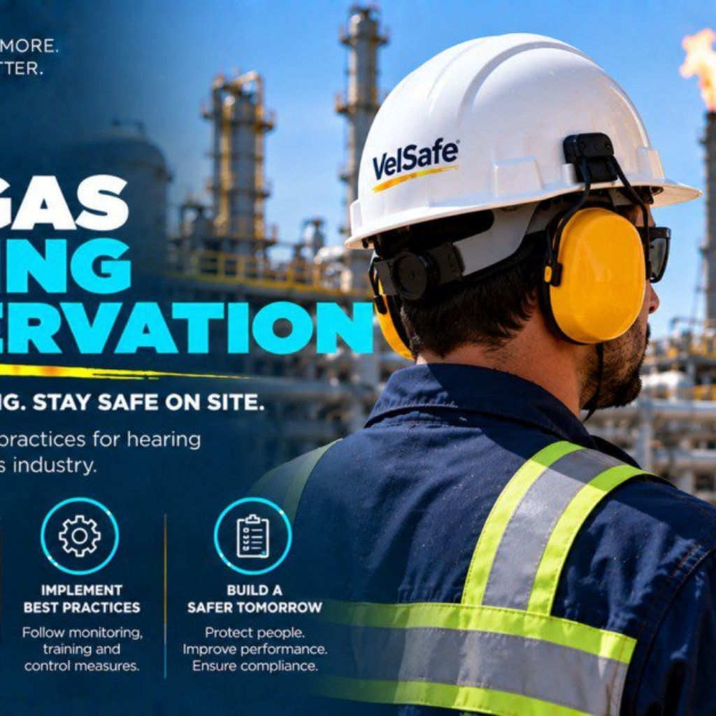 Oil and gas worker wearing yellow ear muff hearing protectors and VelSafe hard hat at a refinery with flare stack beside a Hearing Protection Required sign illustrating oil and gas hearing conservation programme requirements including noise monitoring audiometric testing and HPD selection under OSHA 29 CFR 1910.95