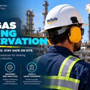 Oil and gas worker wearing yellow ear muff hearing protectors and VelSafe hard hat at a refinery with flare stack beside a Hearing Protection Required sign illustrating oil and gas hearing conservation programme requirements including noise monitoring audiometric testing and HPD selection under OSHA 29 CFR 1910.95