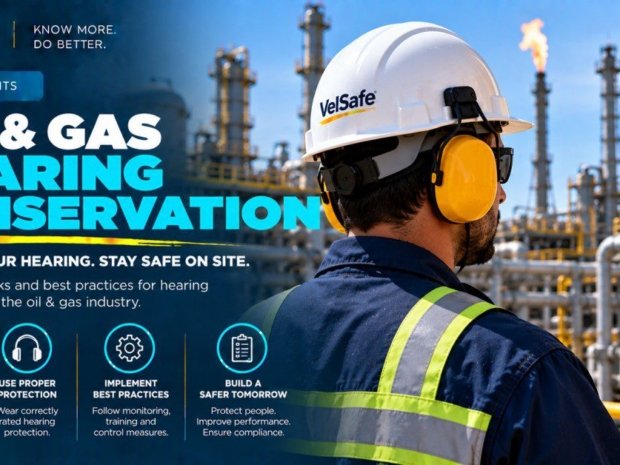 Oil and gas worker wearing yellow ear muff hearing protectors and VelSafe hard hat at a refinery with flare stack beside a Hearing Protection Required sign illustrating oil and gas hearing conservation programme requirements including noise monitoring audiometric testing and HPD selection under OSHA 29 CFR 1910.95