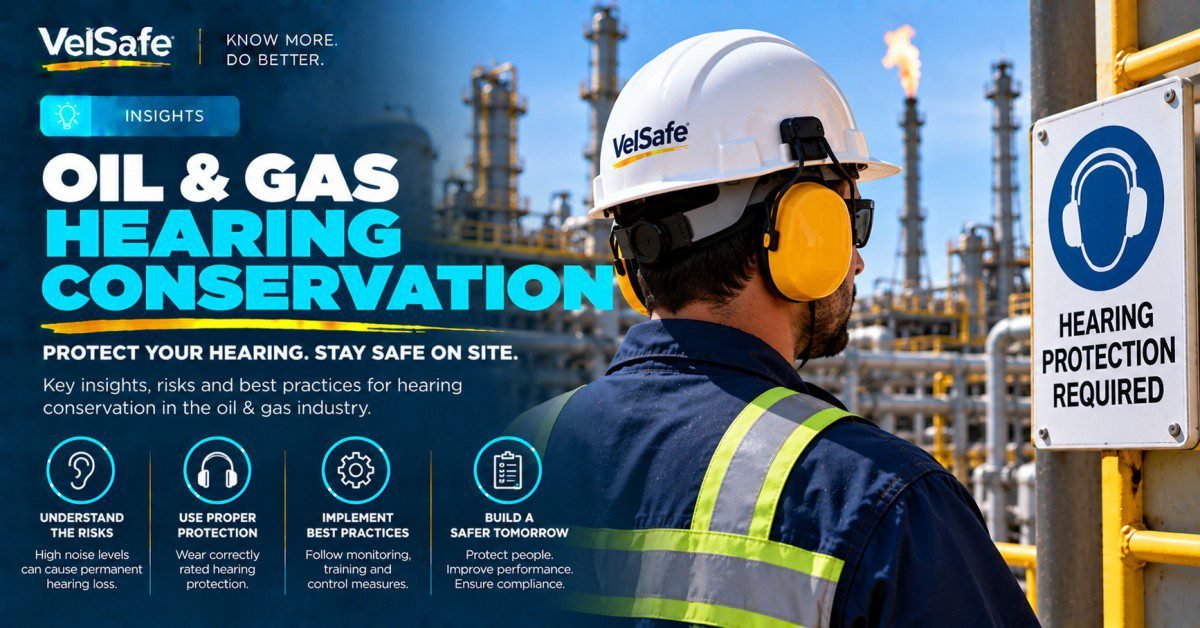 Oil and gas worker wearing yellow ear muff hearing protectors and VelSafe hard hat at a refinery with flare stack beside a Hearing Protection Required sign illustrating oil and gas hearing conservation programme requirements including noise monitoring audiometric testing and HPD selection under OSHA 29 CFR 1910.95