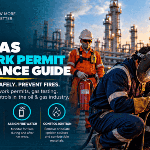 Oil and gas welder in welding helmet and flame-resistant gear welding pipe at a refinery at sunset while a fire watch stands behind with a fire extinguisher illustrating hot work permit compliance including gas testing fire watch assignment and ignition source control under OSHA 1910.119(k) and NFPA 51B