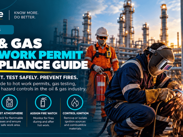 Oil and gas welder in welding helmet and flame-resistant gear welding pipe at a refinery at sunset while a fire watch stands behind with a fire extinguisher illustrating hot work permit compliance including gas testing fire watch assignment and ignition source control under OSHA 1910.119(k) and NFPA 51B