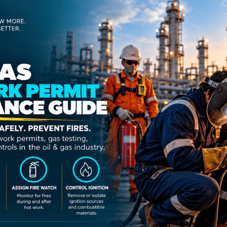 Oil and gas welder in welding helmet and flame-resistant gear welding pipe at a refinery at sunset while a fire watch stands behind with a fire extinguisher illustrating hot work permit compliance including gas testing fire watch assignment and ignition source control under OSHA 1910.119(k) and NFPA 51B
