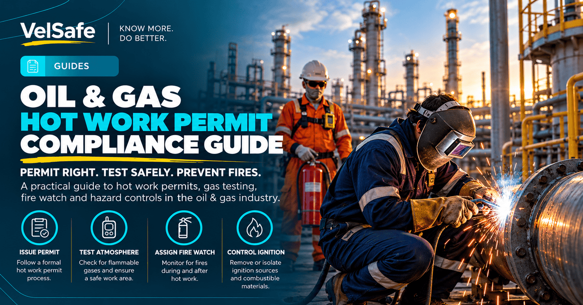 Oil and gas welder in welding helmet and flame-resistant gear welding pipe at a refinery at sunset while a fire watch stands behind with a fire extinguisher illustrating hot work permit compliance including gas testing fire watch assignment and ignition source control under OSHA 1910.119(k) and NFPA 51B