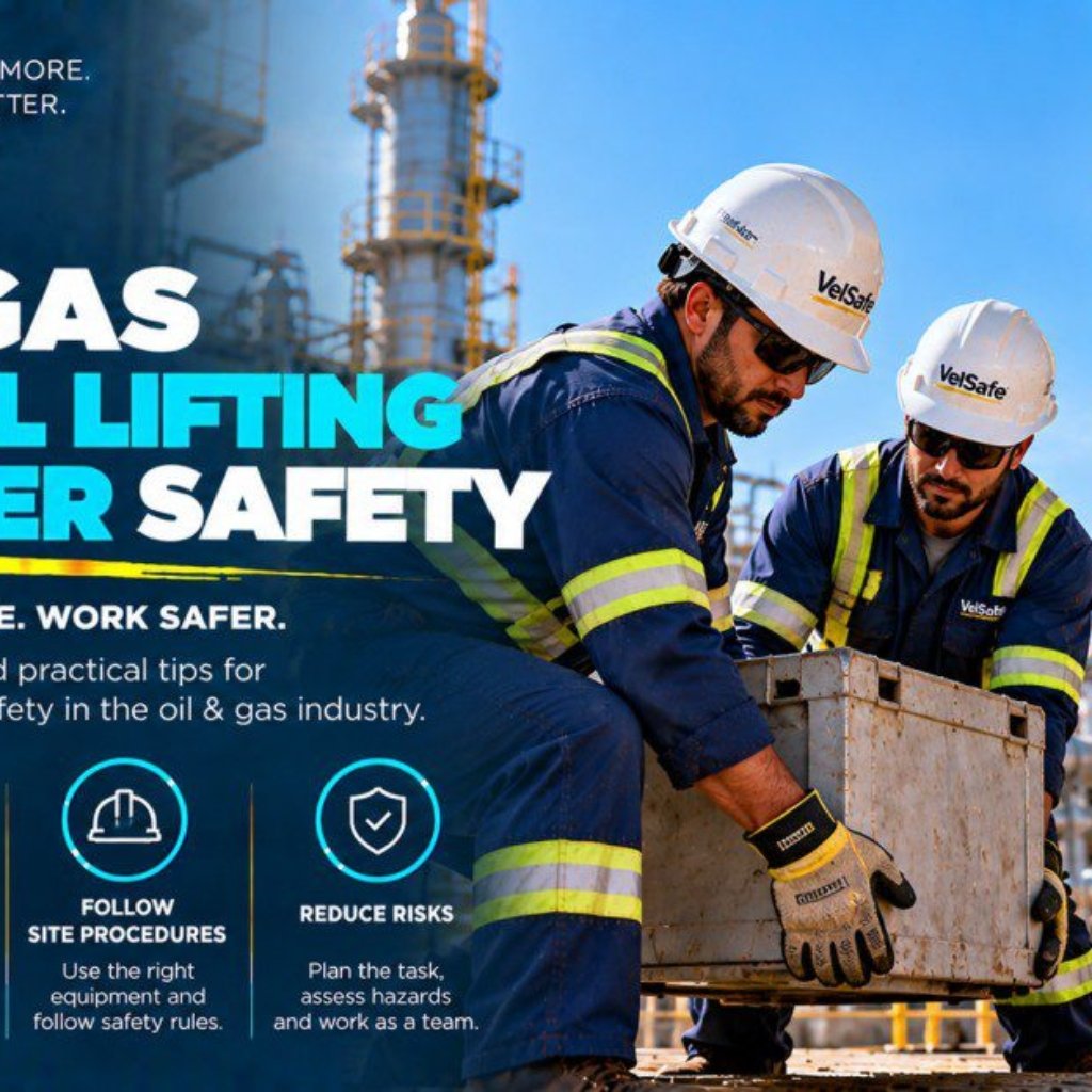 Two oil and gas workers in VelSafe hard hats and hi-vis performing a team lift of heavy equipment at a refinery with a third worker climbing a ladder with fall protection harness in the background illustrating manual lifting and ladder safety practices including proper technique team lifts ladder inspection and three-point contact